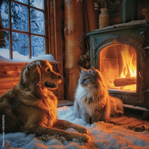 At a cozy cabin retreat in the woods a Golden retriever and blue Maine Coon play in the snow photo