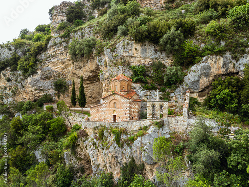 Obraz na płótnie St. Michael's Church, Byzantine church in Berat from a drone, Osum River, Albania, Europe w salonie