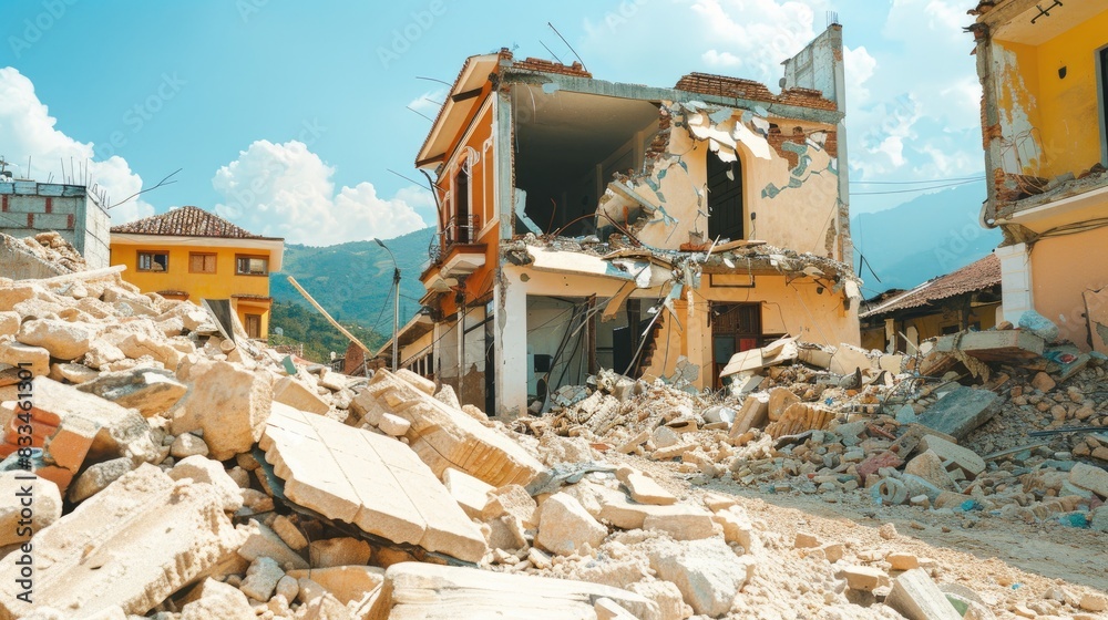 Fototapeta premium an earthquake, showing damaged buildings and displaced debris amidst the chaos.