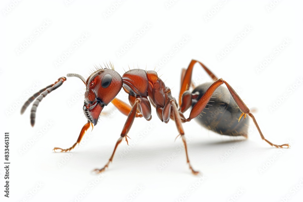 Macro Closeup of Red Ant on White Background, Detailed Insect Photography, High Resolution Wildlife Image, Environmental Focus Macro Closeup of Red Ant on White Background, Detailed Insect Photography, High Resolution Wildlife Image, Environmental Focus