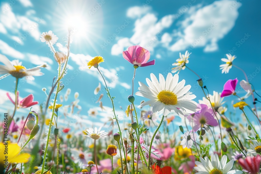 Wild flowers at summer meadow. Close up bottom view. Idyllic beautiful cosmos flower field. Natural colorful panoramic landscape with many wild flowers of daisies against blue sky. Poppies, cornflower