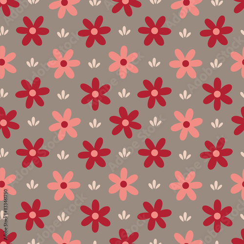 Cute Spring Flowers on Taupe Seamless Pattern Design