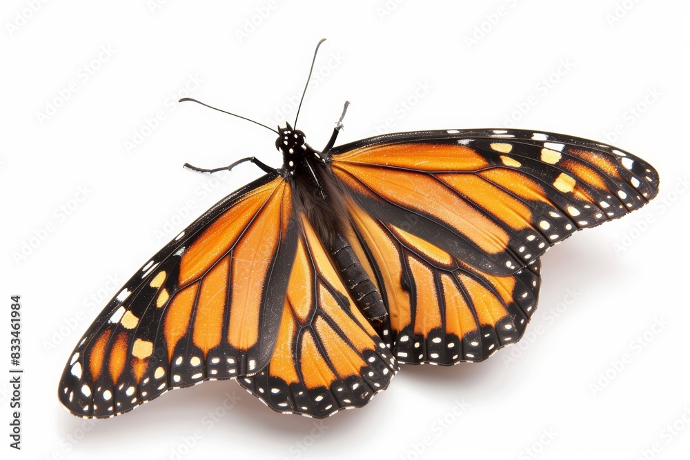 Macro Closeup of Monarch Butterfly on White Background, Detailed Insect Photography, High Resolution Wildlife Image, Environmental Focus Macro Closeup of Monarch Butterfly on White Background, Detailed Insect Photography, High Resolution Wildlife Image, Environmental Focus