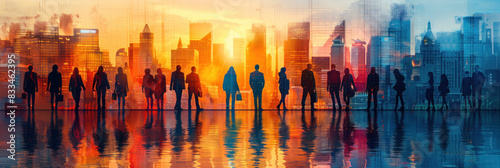 Business team united in front of a cityscape with office towers, symbolizing the success of joint efforts and collaboration. Abstract image reflecting employee teamwork.