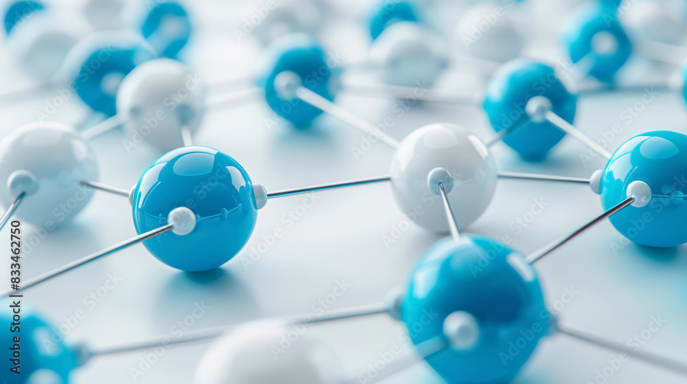 White and turquoise-blue spheres connected into a network by metal rods White and turquoise-blue spheres connected into a network by metal rods