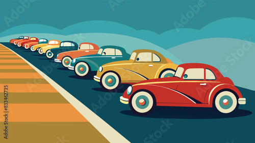 An array of antique cars each one a unique piece of history driving in perfect formation as part of a grand vintage car parade.. Vector illustration