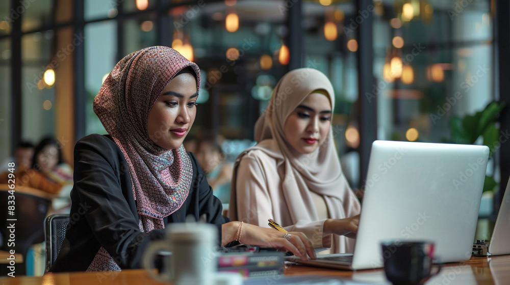 Muslim women in traditional clothes working on laptops Muslim women in traditional clothes working on laptops
