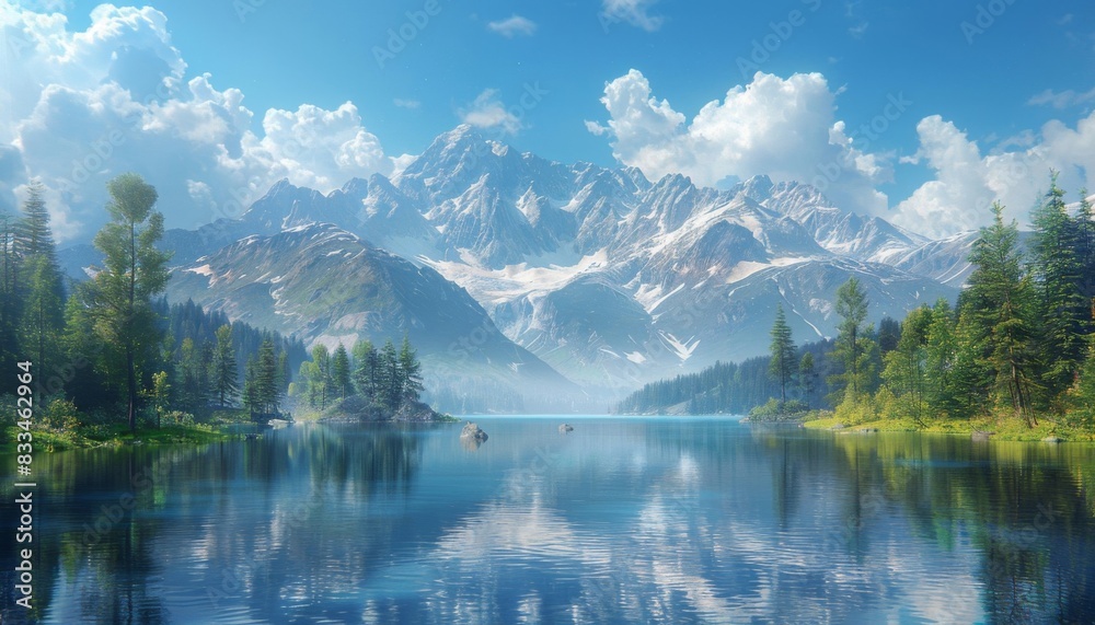 A serene mountain lake with crystal clear water, surrounded by lush forests and majestic snow-capped peaks under a bright blue sky. A serene mountain lake with crystal clear water, surrounded by lush forests and majestic snow-capped peaks under a bright blue sky.