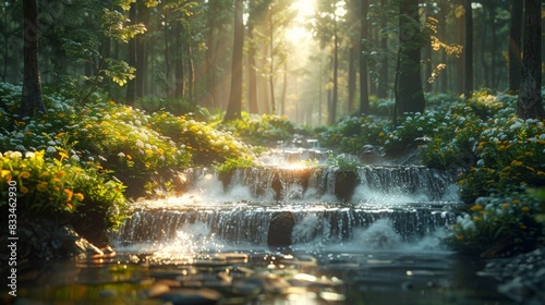 Peaceful forest stream with sunlight filtering through trees, beautiful flowing water surrounded by lush greenery and serene nature scenery.