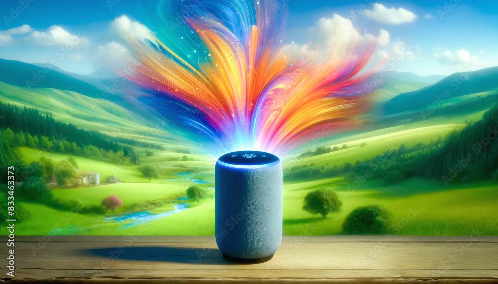 A smart speaker on a wooden table in a picturesque landscape, emitting vibrant, colourful light beams, creating a fusion of technology and nature. A smart speaker on a wooden table in a picturesque landscape, emitting vibrant, colourful light beams, creating a fusion of technology and nature.