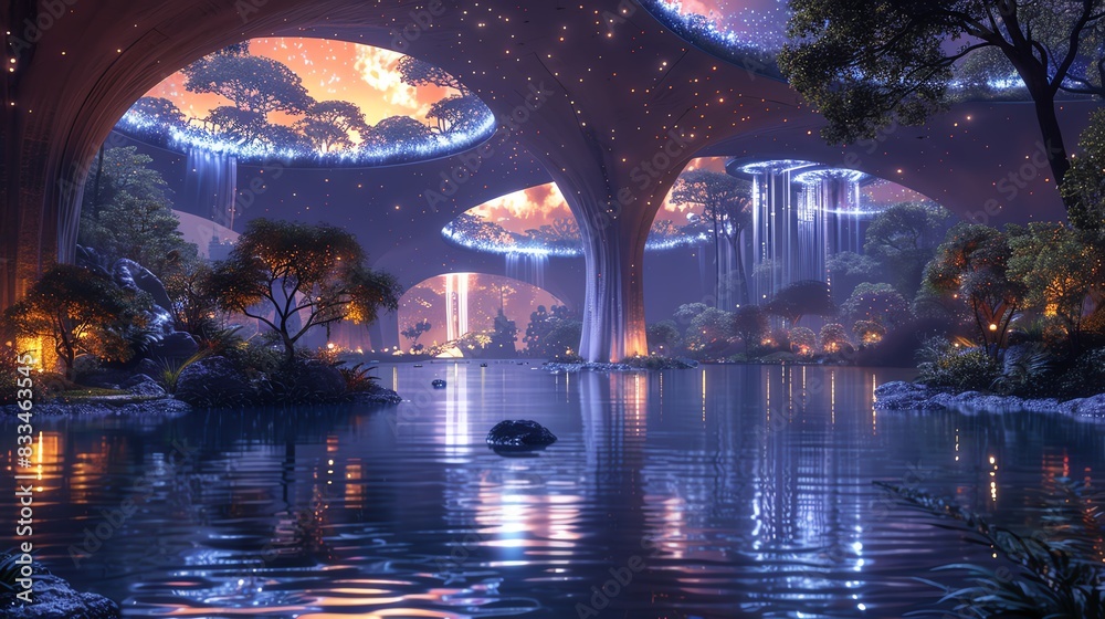 Fantasy futuristic city with glowing trees and waterfalls.