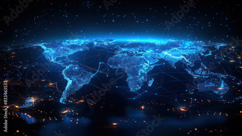 Digital world map highlighting interconnected nodes, reflecting global partnerships. Illuminated pathways denote thriving international business links. photo