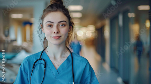 Portrait Of A Young Nurse Standing In A Hospital, Suitable For Healthcare And Medical Industry Advertising