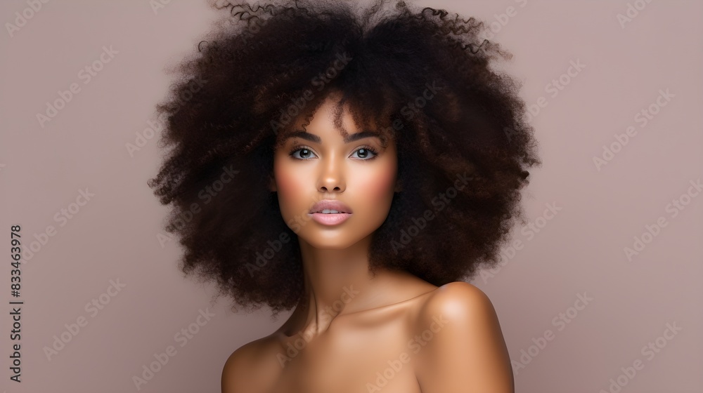 Fototapeta premium Stunning beauty portrait of an african american woman with curly hair, radiating confidence and natural beauty.
