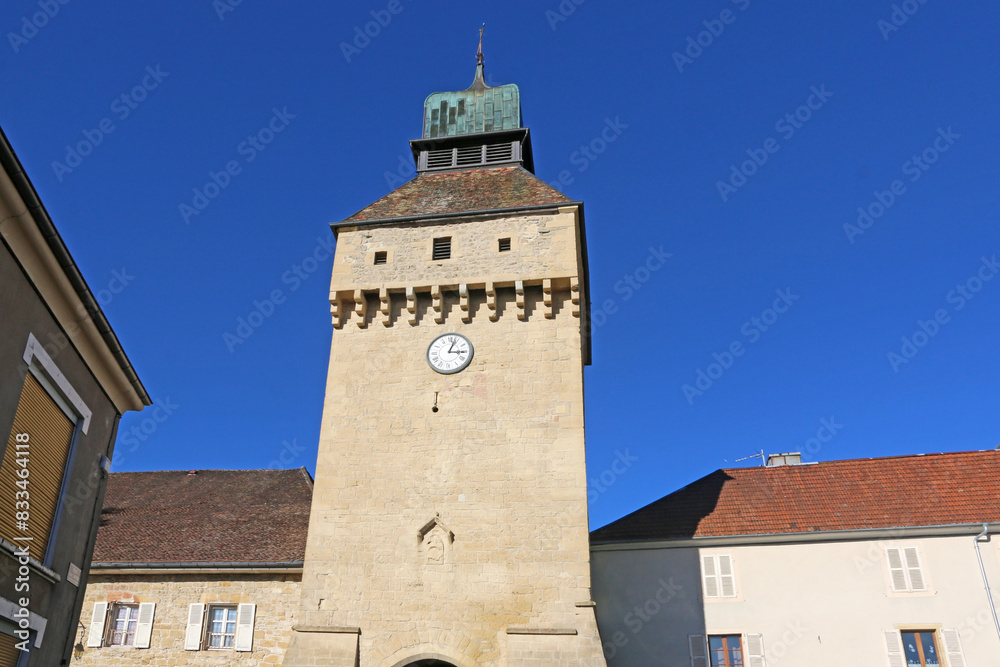 Clock tower and gatehouse in Chateau-Chalon, France