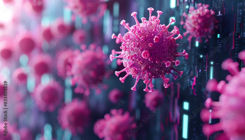 Digital illustration of a pink virus on a computer screen, vibrant background, 3D render Digital illustration of a pink virus on a computer screen, vibrant background, 3D render