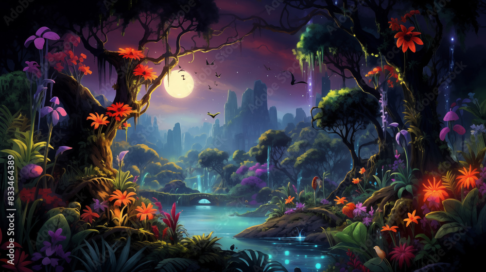 Fototapeta premium Enchanted Forest Moonlight with Exotic Flora