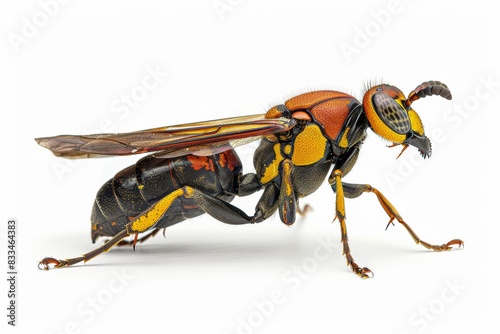 Macro Shot of Potter Wasp Closeup, Detailed Insect with Vibrant Yellow and Black Colors, Isolated on White Background © Funk Design
