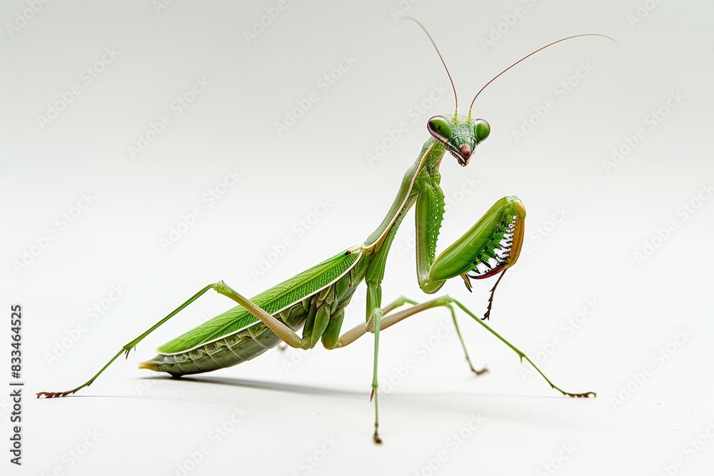 Macro Shot of Praying Mantis Closeup, Detailed Insect with Vibrant Green Colors, Isolated on White Background Macro Shot of Praying Mantis Closeup, Detailed Insect with Vibrant Green Colors, Isolated on White Background