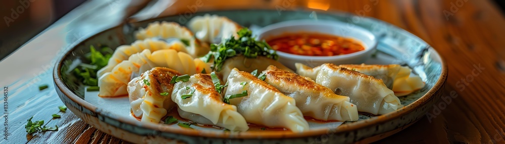 Plate of dumplings with dipping sauce, garnished with cilantro, warm and inviting setting Plate of dumplings with dipping sauce, garnished with cilantro, warm and inviting setting