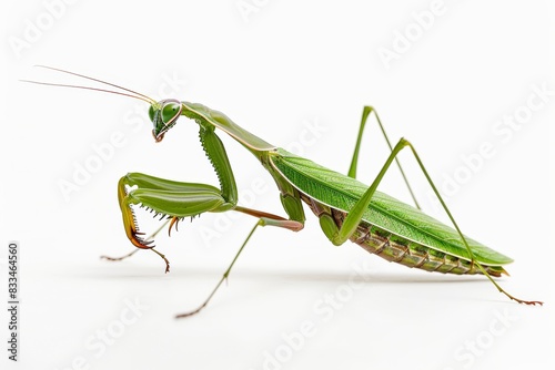 Macro Shot of Praying Mantis Closeup, Detailed Insect with Vibrant Green Colors, Isolated on White Background