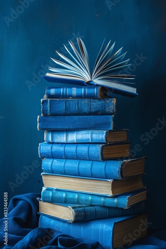 Stack of blue books with an open book on top, dark blue background, soft lighting photo