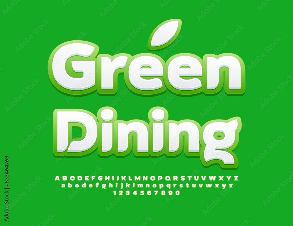 Vector eco template Green Dining with decorative Leaf. Bright White and Green Font. Stylish Alphabet Letters and Numbers set. Vector eco template Green Dining with decorative Leaf. Bright White and Green Font. Stylish Alphabet Letters and Numbers set.