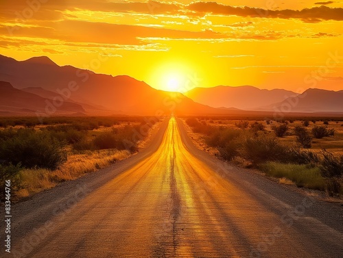 A long, straight road stretches into the horizon, illuminated by a vibrant sunset, with mountains in the background and desert vegetation on either side © cherezoff