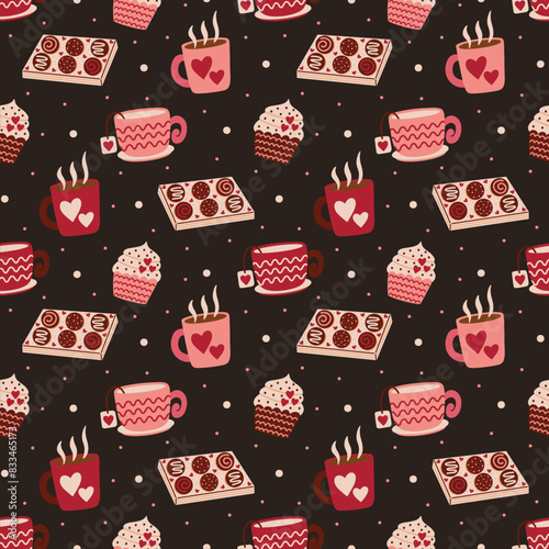 Coffee, Tea, Cupcakes, and Chocolate Truffles on Dark Brown Seamless Pattern Design