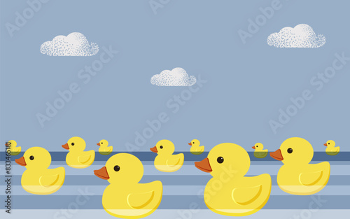 Holiday National Rubber Duck Day. Yellow cute ducklings swim on the sea waves. Vector.