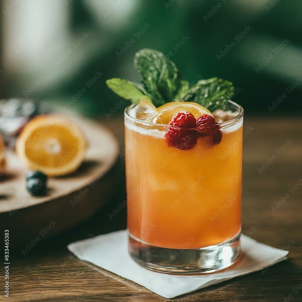A glass of red drink with a lime wedge and an orange slice on top A glass of red drink with a lime wedge and an orange slice on top