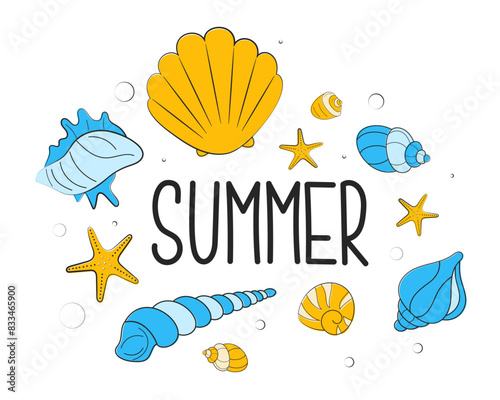 Summer card with shells, sea animals and water bubbles. Marine set. Stickers, decals, elements for design, scrapbooking. Vector illustration isolated on white background.