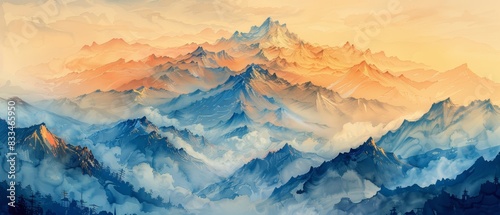 A sweeping mountain range at golden hour photo