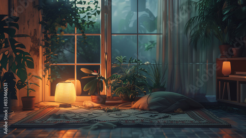 A cozy lofi room with warm lighting, a many plant on the windowsill illustration