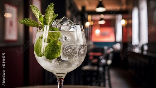 tonic alcoholic cocktail with ice and mint. Cocktail drinks served at restaurant, pub or bar