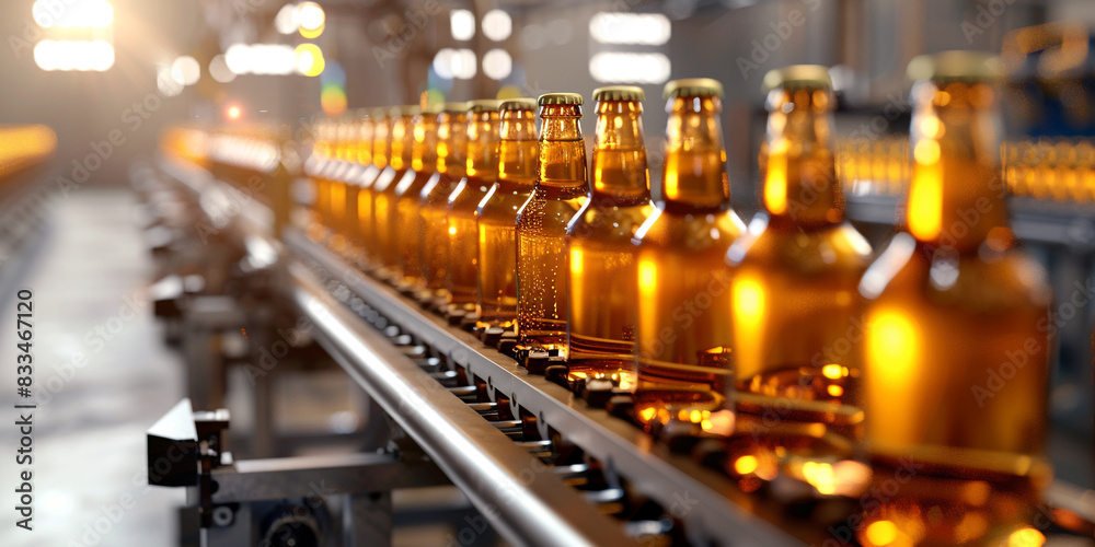 Beer Bottles on a Production Line in Beer Factory, Brewery Automated Conveyor Belt with Brown Glass Beer Bottles with Blurred Background, Generative AI. Beer Bottles on a Production Line in Beer Factory, Brewery Automated Conveyor Belt with Brown Glass Beer Bottles with Blurred Background, Generative AI.