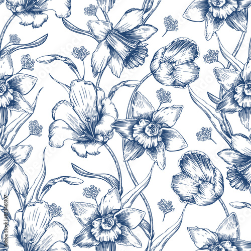 White seamless pattern with blue flowers. Vintage graphics. Floristic background.