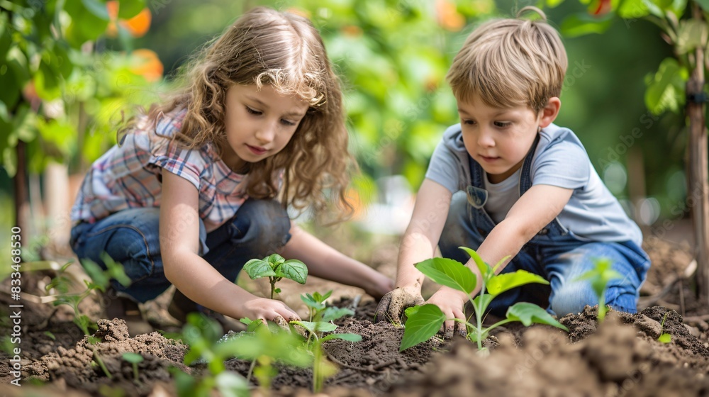 Realistic editorial photo of kids gardening, emphasizing hands-on learning and nature Realistic editorial photo of kids gardening, emphasizing hands-on learning and nature
