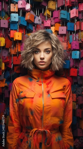 Striking portrait of a woman with a colorful jacket against a backdrop of colorful padlocks