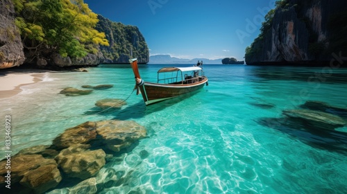 Scenic view of a longtail boat moored in clear blue tropical waters with limestone cliffs on the horizon