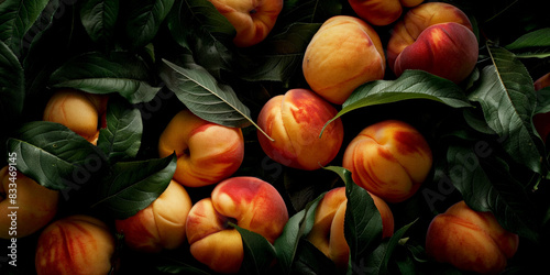 Fresh peaches with leaves on a dark background. photo