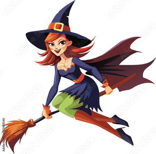 Halloween Smiling Witch Flying on Broomstick, isolated on transparent background.

