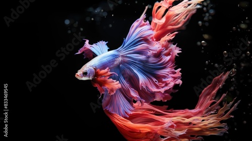 A vibrant betta fish with elaborately flowing fins swims elegantly in a dark water background creating a dramatic effect