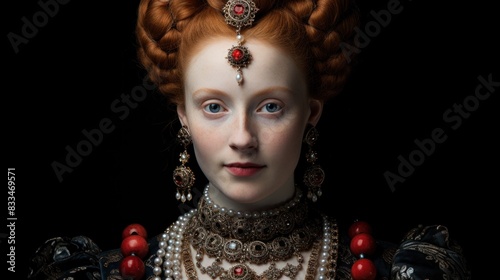 An intricate portrait of a woman styled in an elaborate historical Elizabethan costume photo