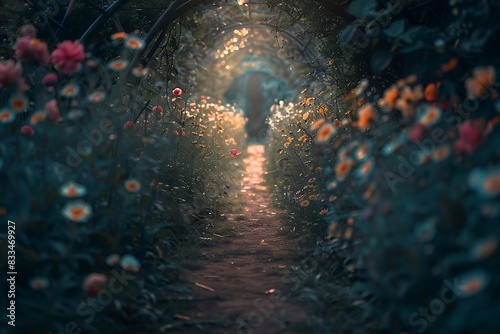 A path lined with flowers that emit a soft  natural light in the darkness