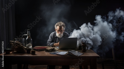 An eccentric writer enveloped in smoke with a concerned expression, in a moody, dimly lit workspace photo