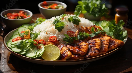 Mouthwatering dish of grilled chicken with rice and fresh vegetable garnishes served on a wooden table