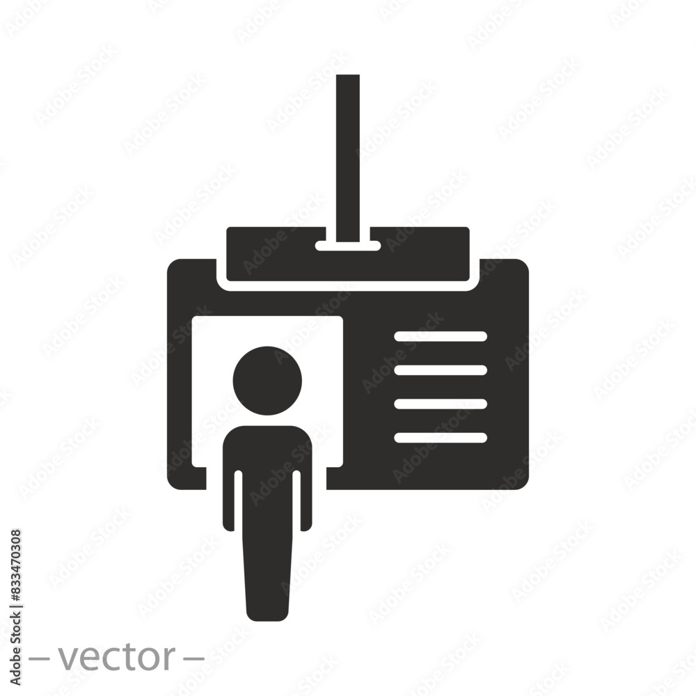 employee identity icon, person profile, badge id card, plastic document on lanyard, flat symbol on white background - vector illustration employee identity icon, person profile, badge id card, plastic document on lanyard, flat symbol on white background - vector illustration