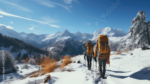 Adventurous hikers with heavy backpacks traverse a snowy trail in the breathtaking mountain landscape