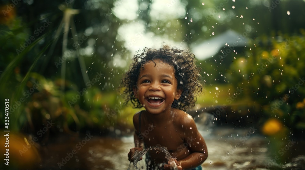 Obraz premium A delighted toddler laughing while playing in a refreshing water splash in a tropical setting